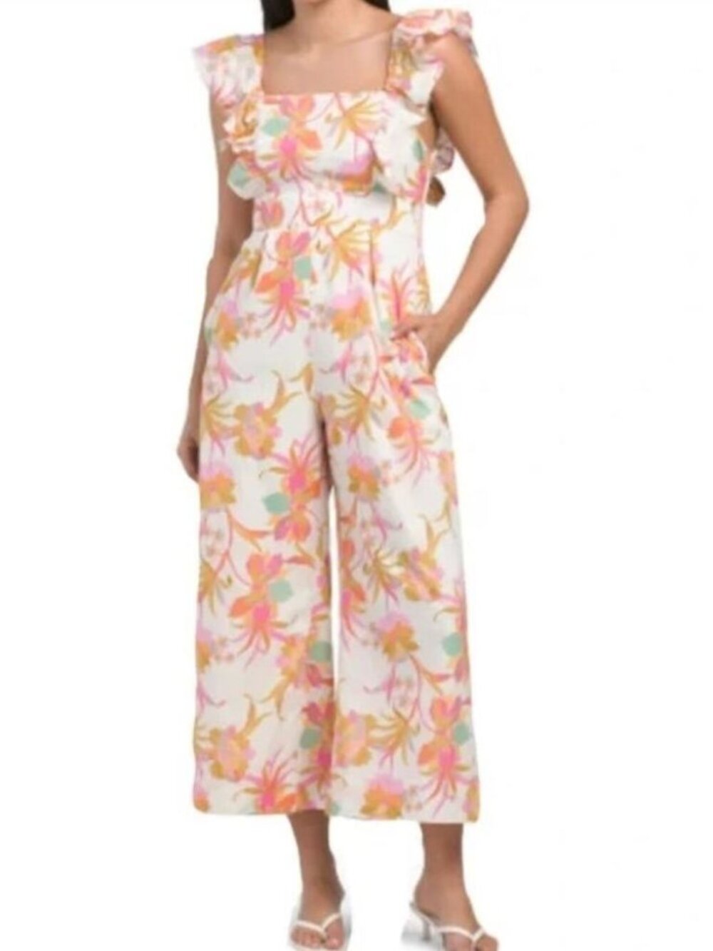 Women's Floral Ruffle-Strap Wide Leg Jumpsuit- Cream with Pink & Orange